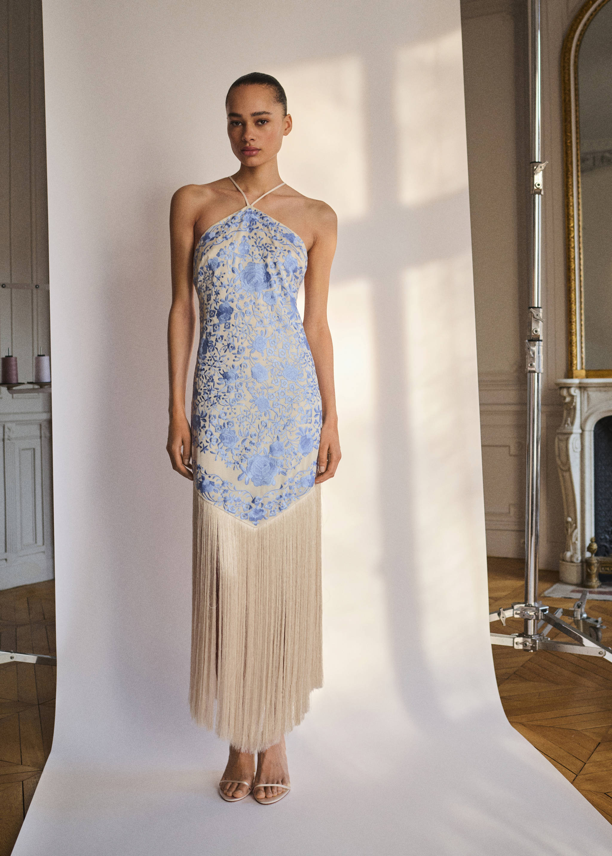 Floral-embroidered dress with fringe detail - General plane