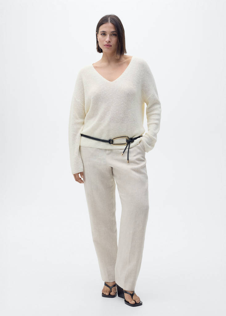 V-neck knit sweater — Ecru