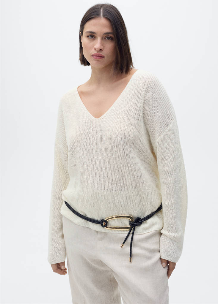 V-neck knit sweater — Ecru