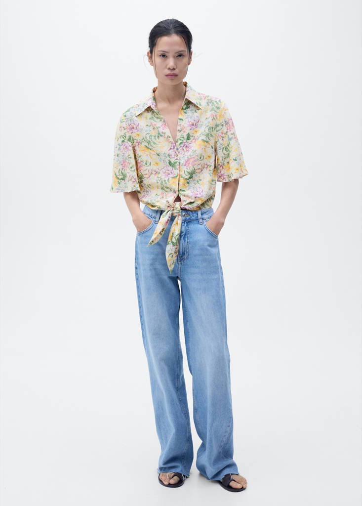 Floral linen shirt with knot detail — Ecru