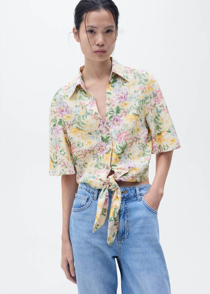Floral linen shirt with knot detail — Ecru