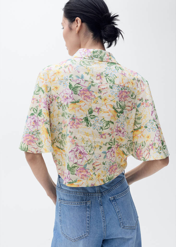 Floral linen shirt with knot detail — Ecru
