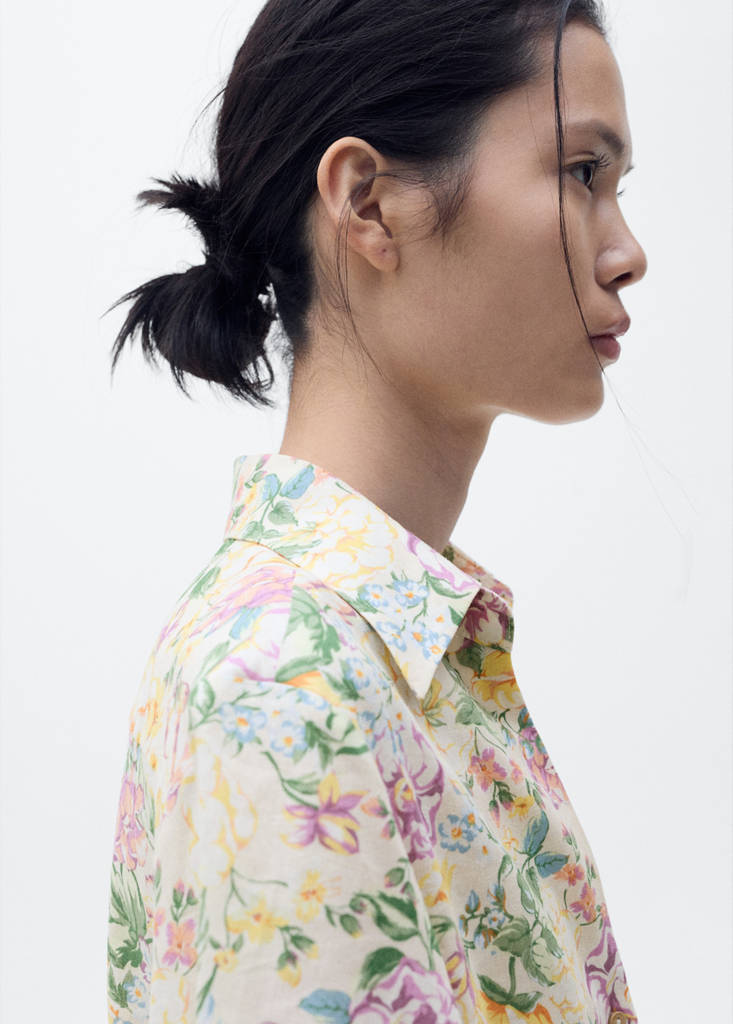 Floral linen shirt with knot detail — Ecru