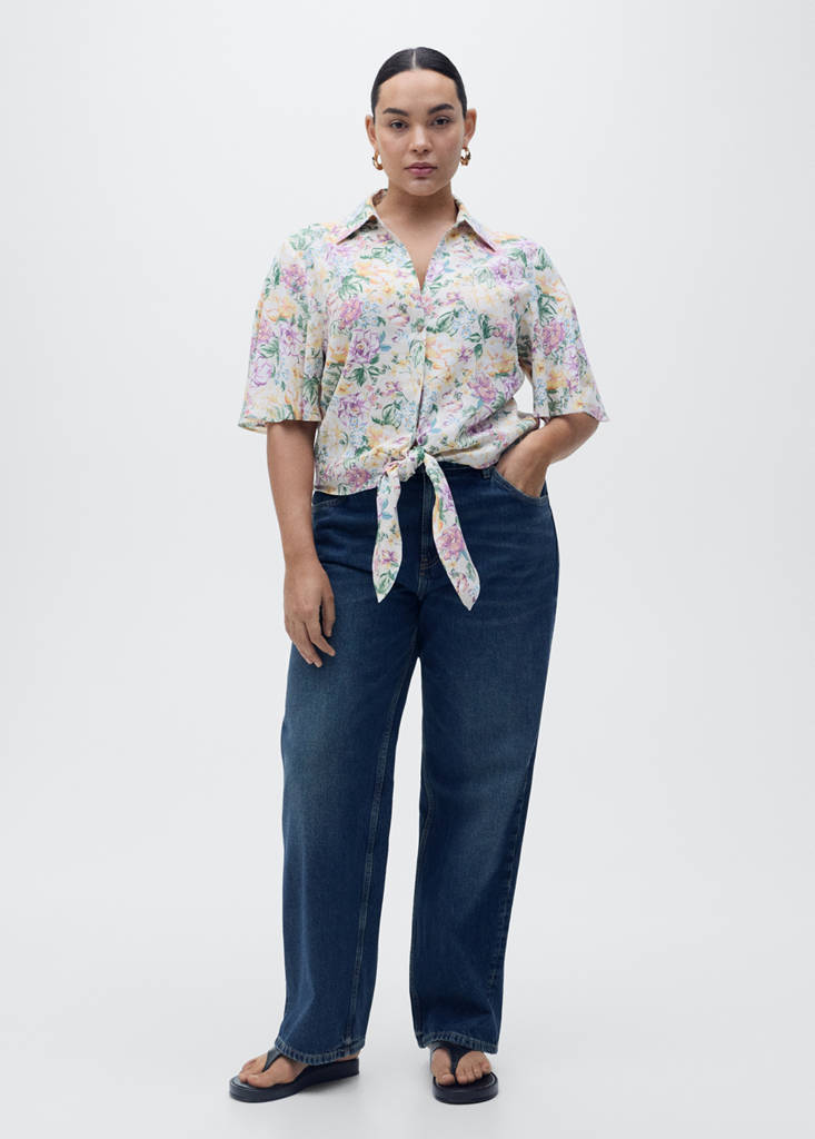 Floral linen shirt with knot detail — Ecru
