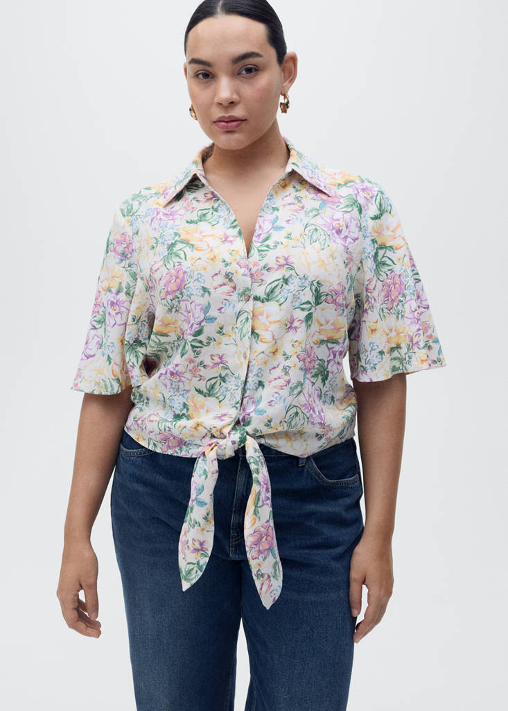 Floral linen shirt with knot detail — Ecru