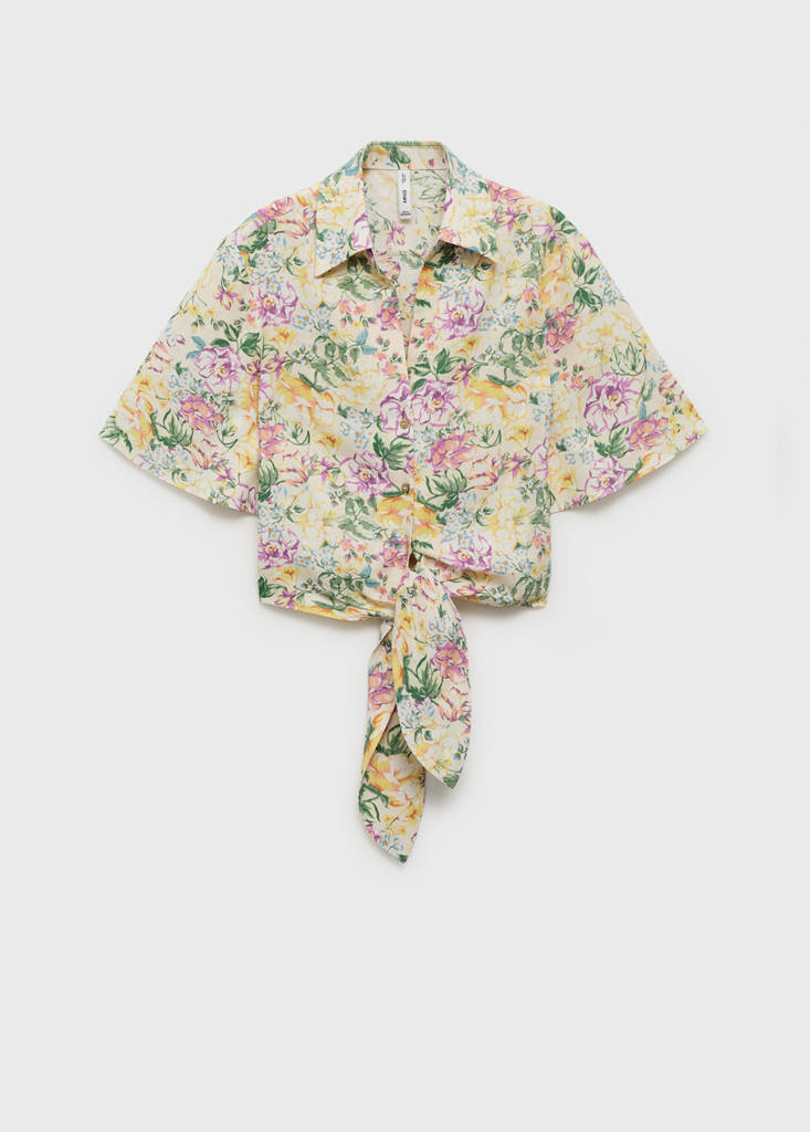 Floral linen shirt with knot detail — Ecru