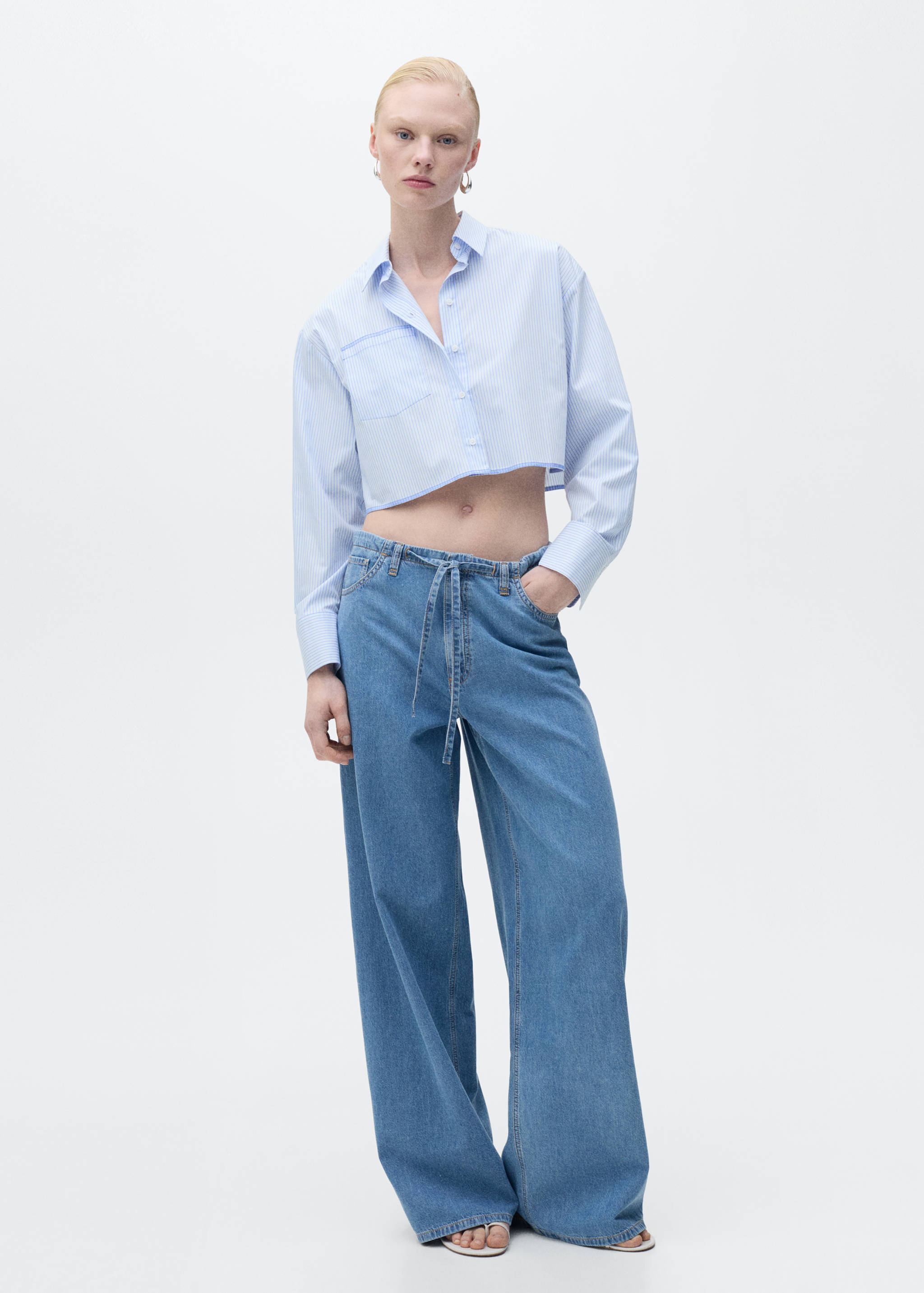 Wide leg denim trousers with belt - General plane