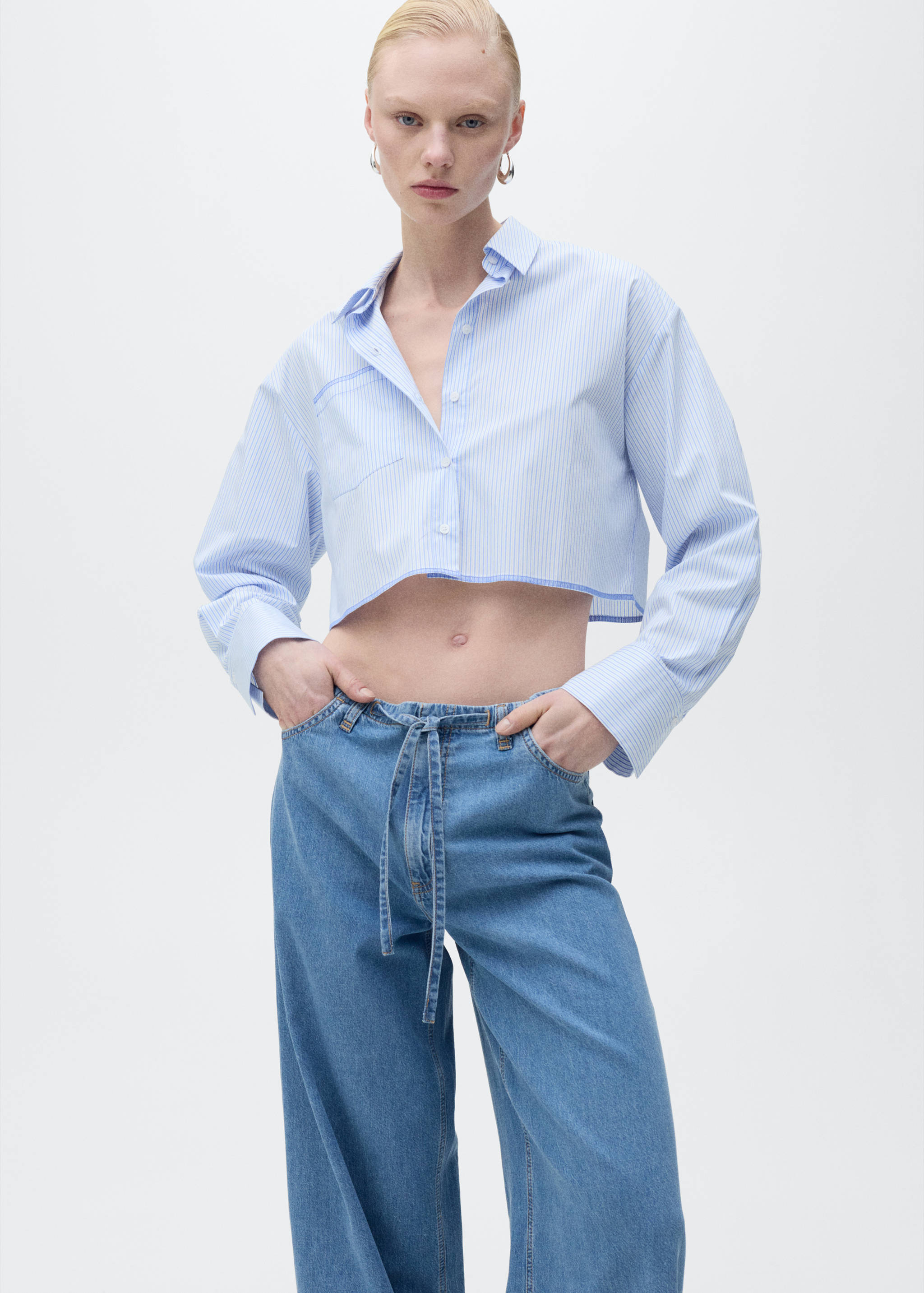 Wide leg denim trousers with belt - Details of the article 1