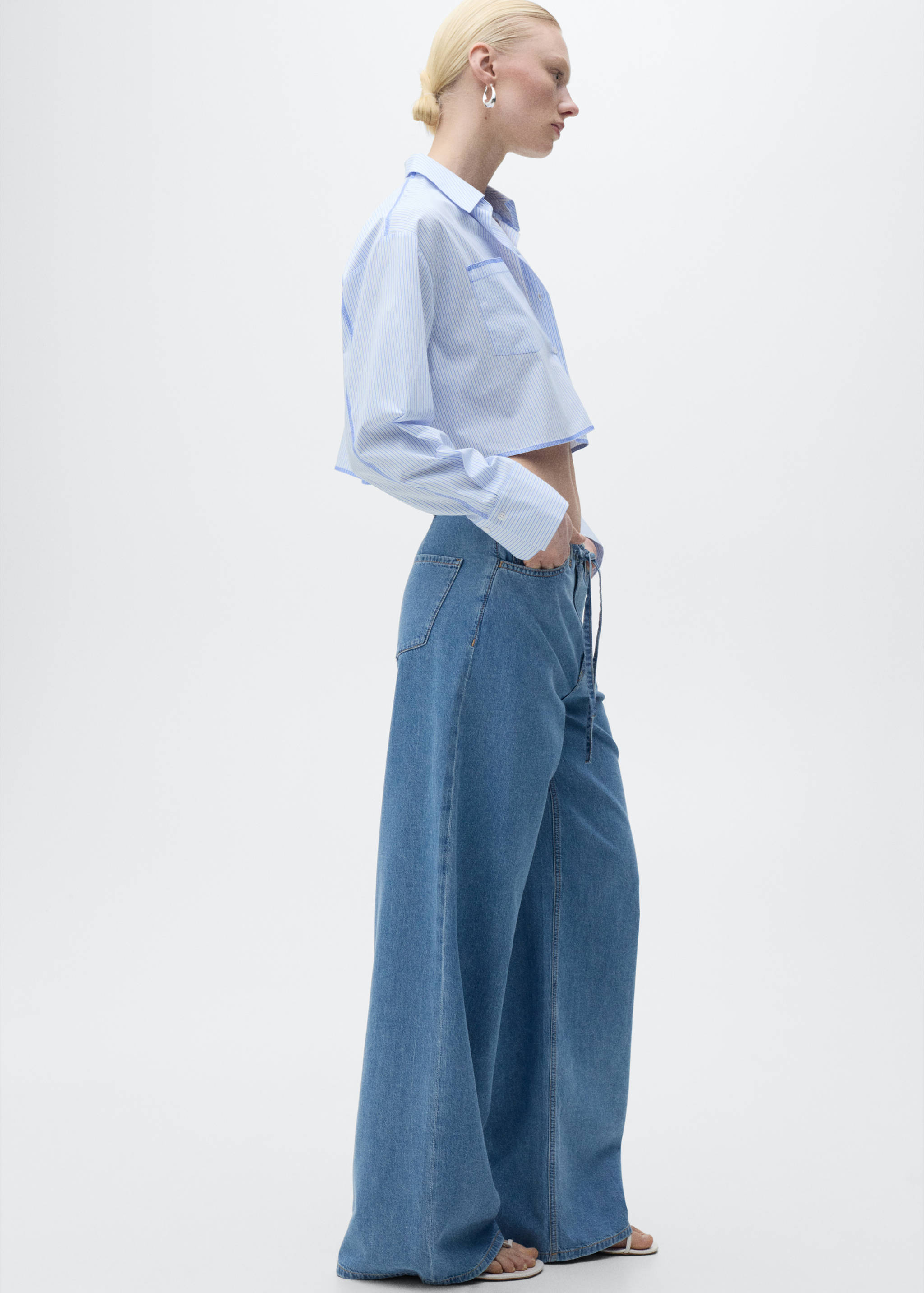 Wide leg denim trousers with belt - Details of the article 2