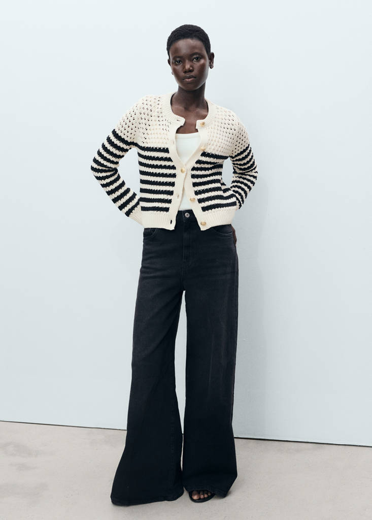 Striped openwork knitted cardigan — Navy