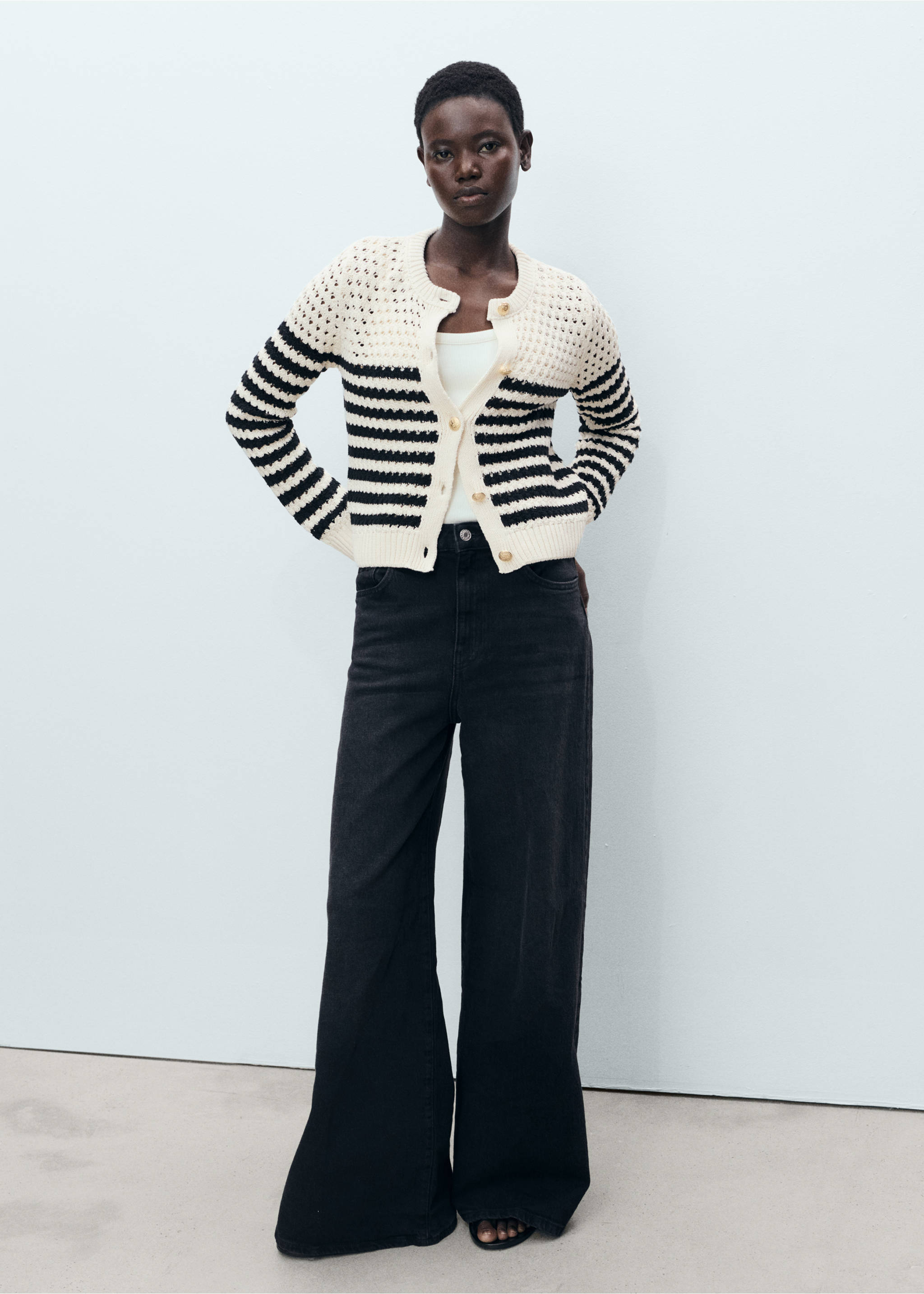 Striped knitted cardigan with lace pattern - General plane, Navy. Ref: 87037191-00.
