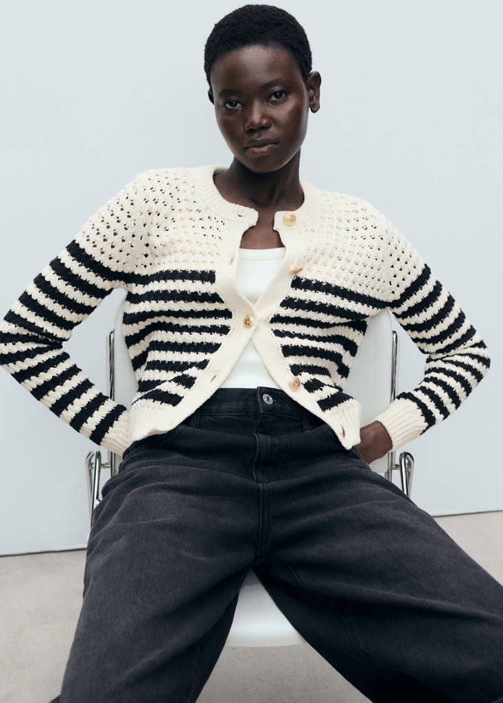 Striped openwork knitted cardigan — Navy