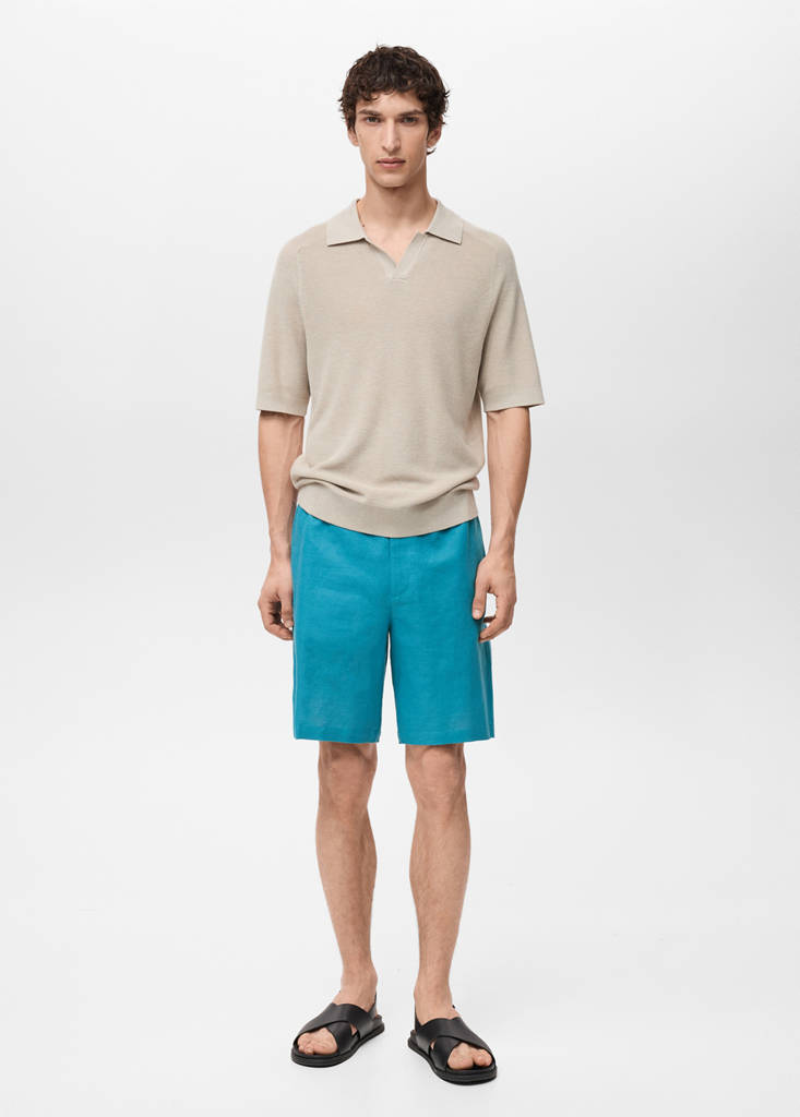 Linen-blend bermuda shorts with drawstring — Turquoise