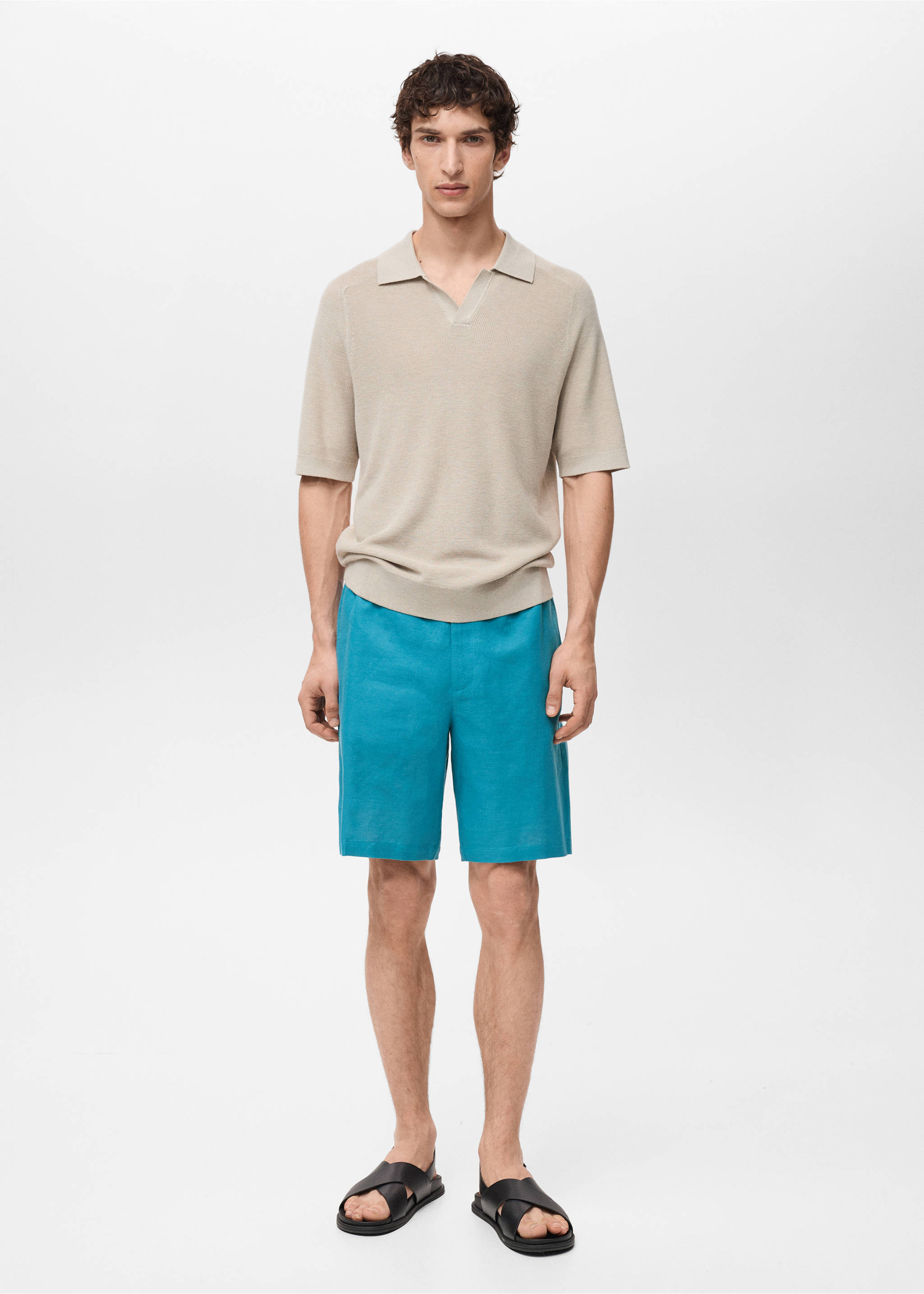 Linen-blend bermuda shorts with drawstring - General plane, Turquoise. Ref: 87037888-00.