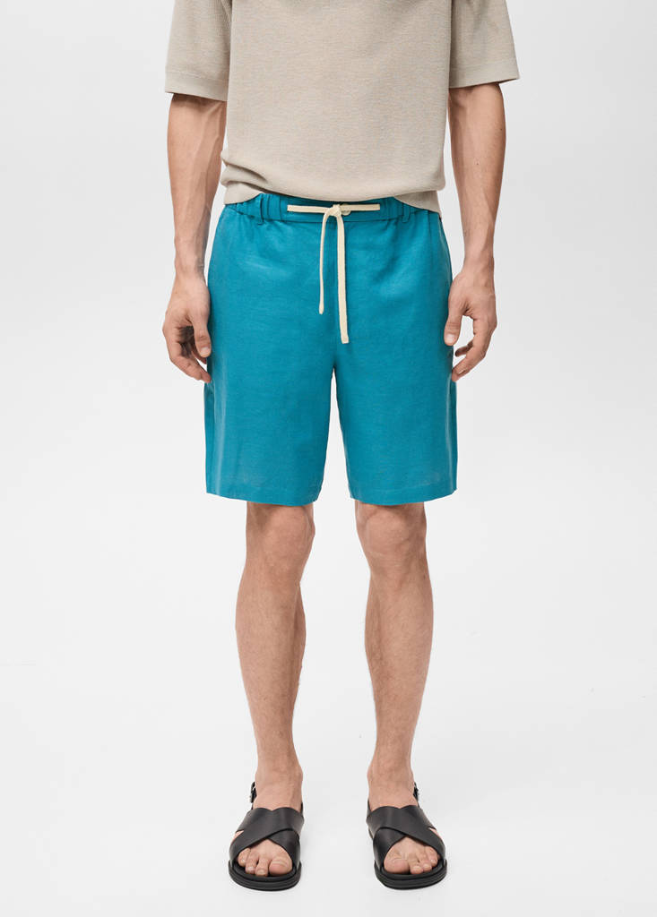 Linen-blend bermuda shorts with drawstring — Turquoise