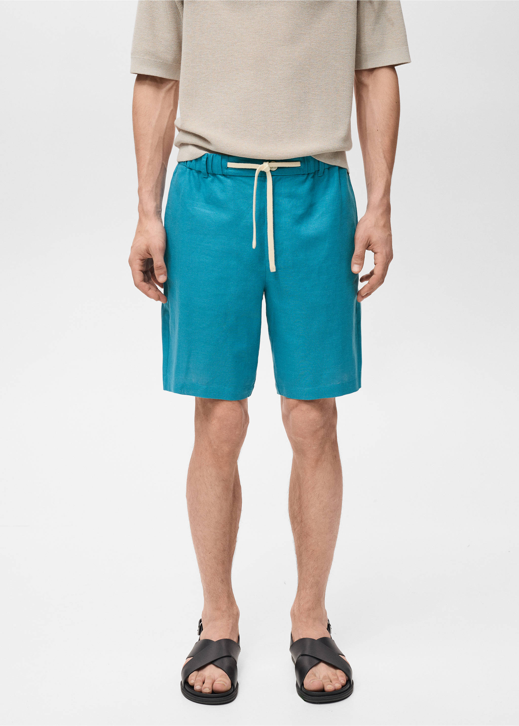 Linen-blend bermuda shorts with drawstring - Medium plane, Turquoise. Ref: 87037888-00.