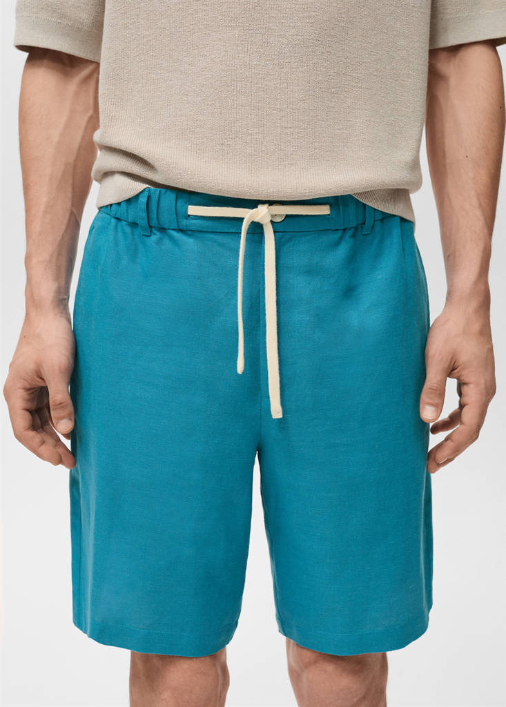 Linen-blend bermuda shorts with drawstring — Turquoise