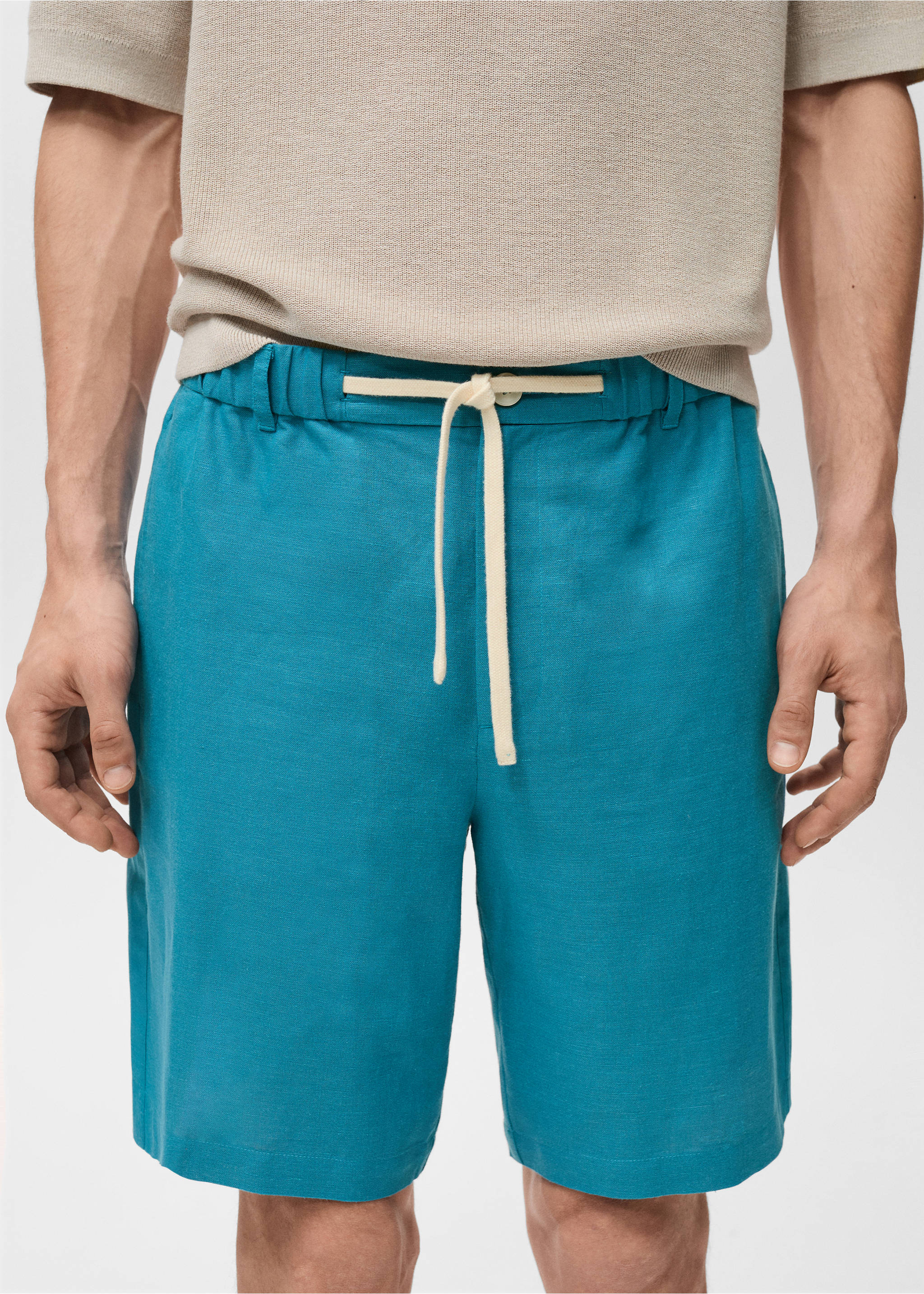 Linen-blend bermuda shorts with drawstring - Details of the article 1, Turquoise. Ref: 87037888-00.