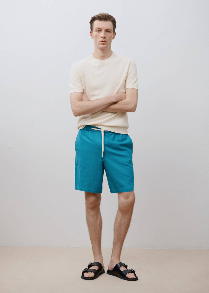 Linen-blend bermuda shorts with drawstring — Turquoise