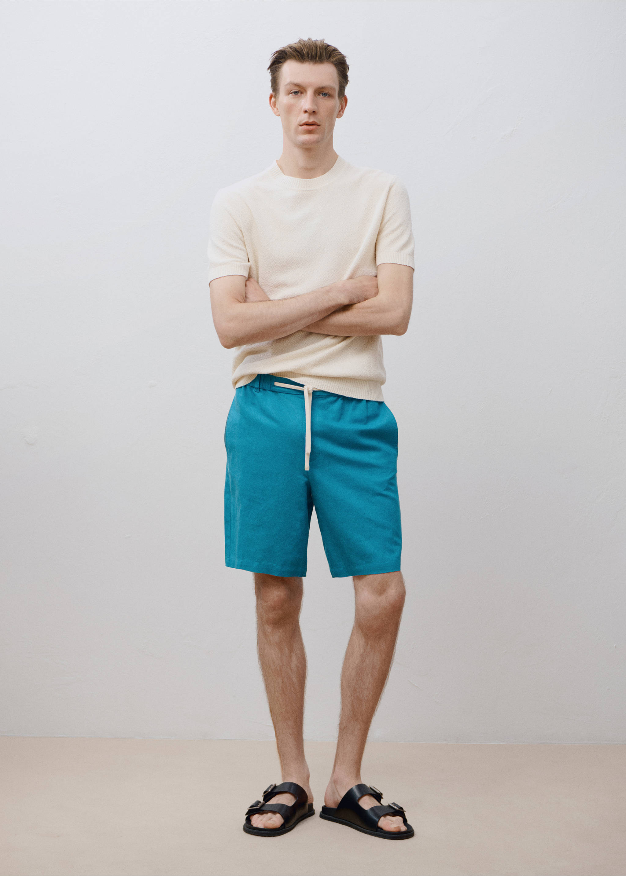Linen-blend bermuda shorts with drawstring - Details of the article 5, Turquoise. Ref: 87037888-00.