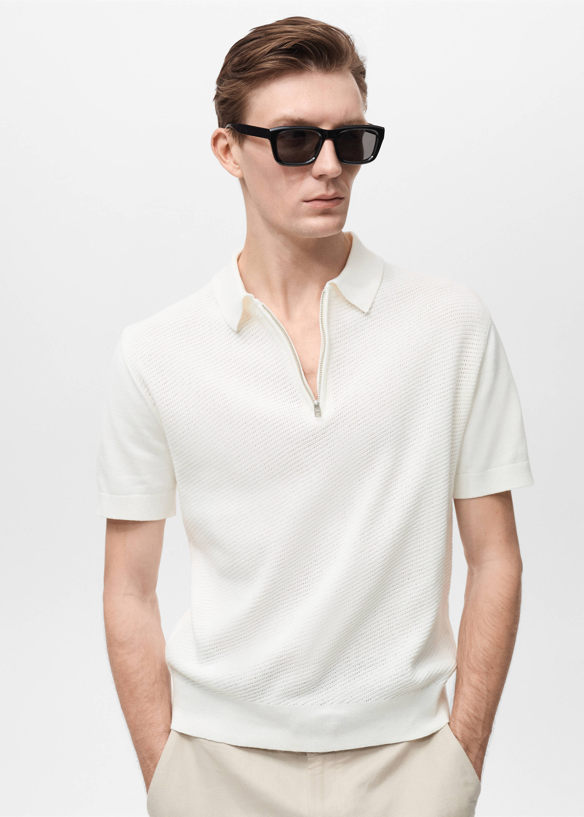 Openwork knitted polo shirt with zip - Medium plane
