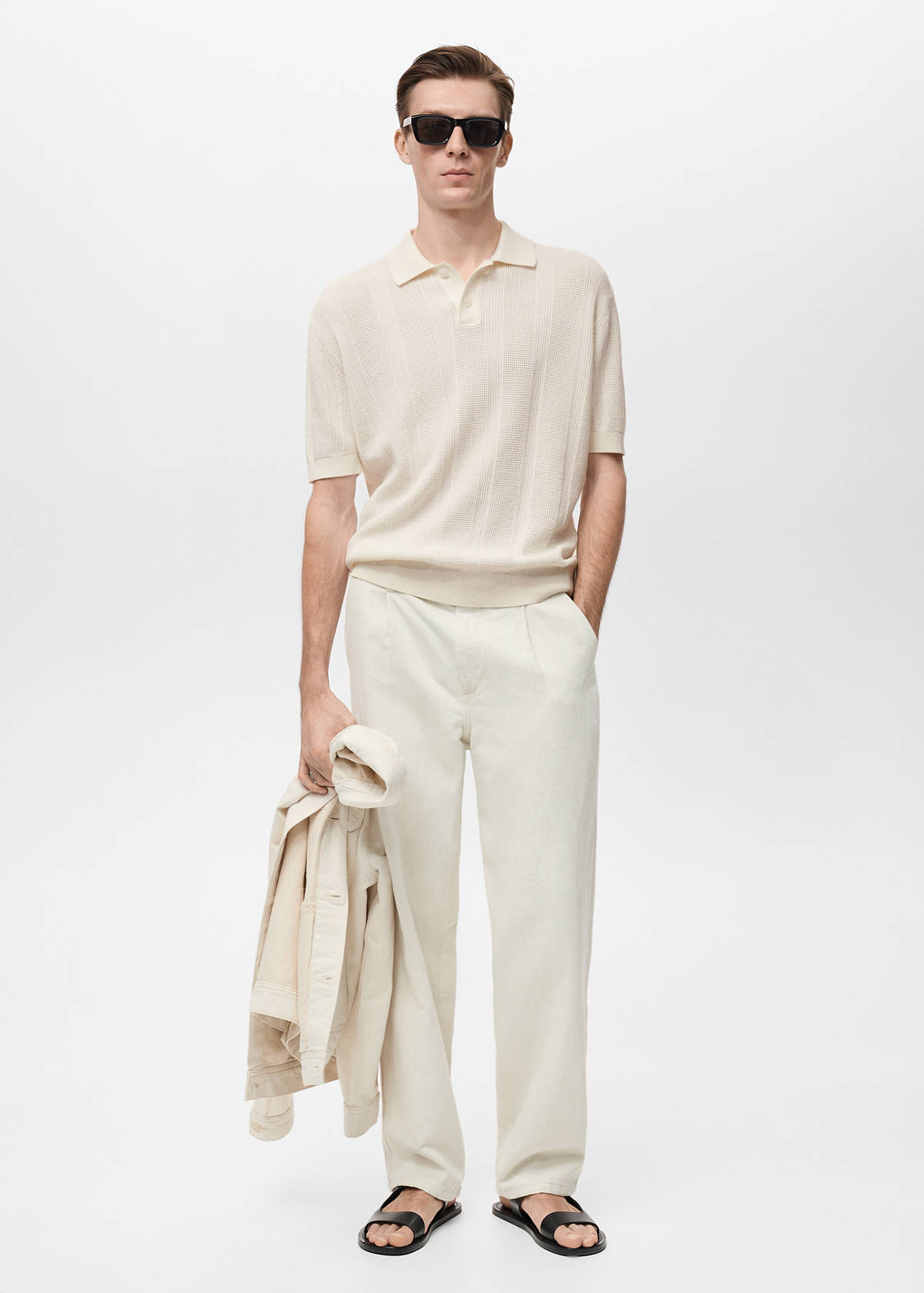 Striped openwork knitte polo shirt — Ecru