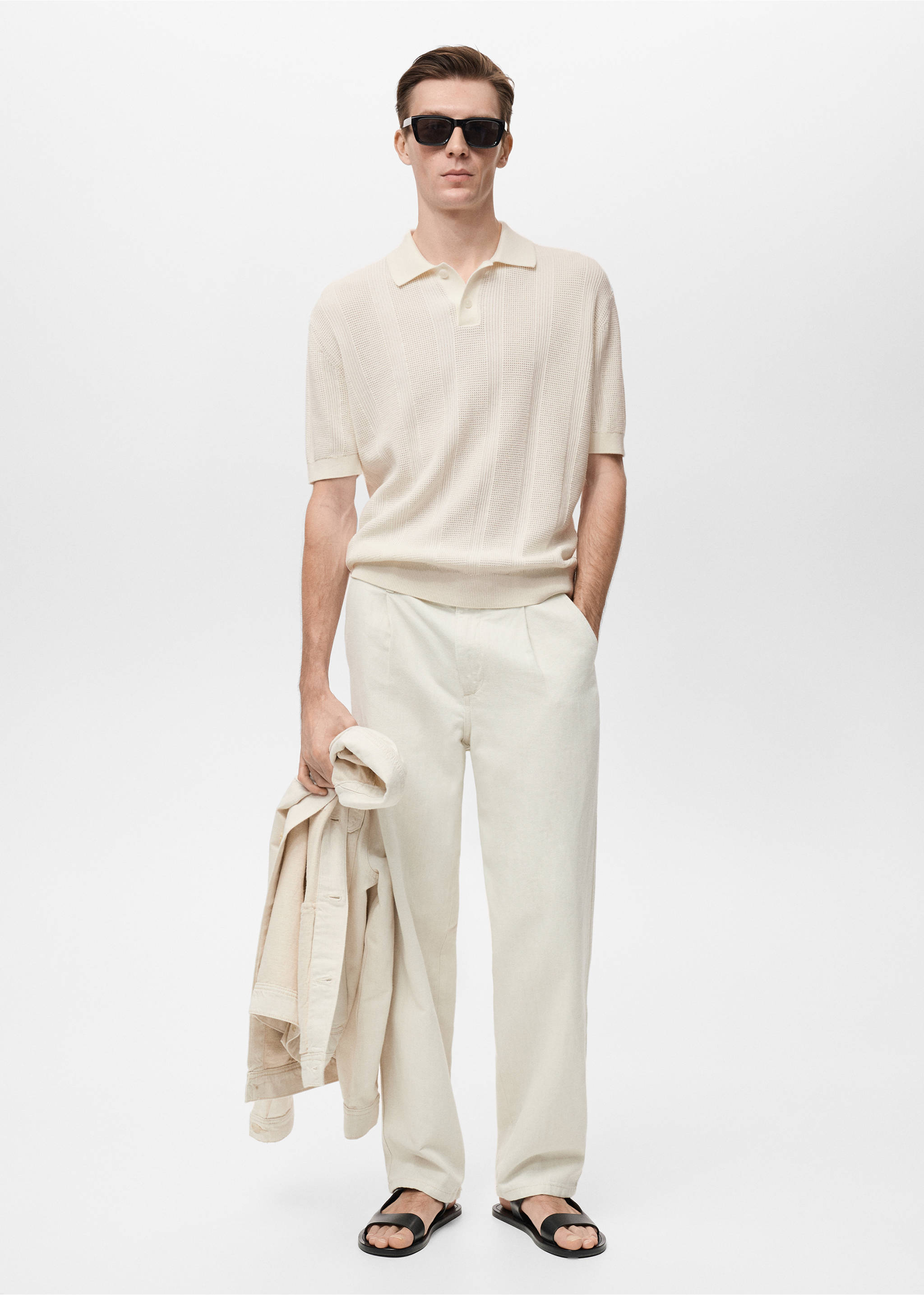 Striped knitted polo shirt with lace accents - General plane, Ecru. Ref: 87037900-01.