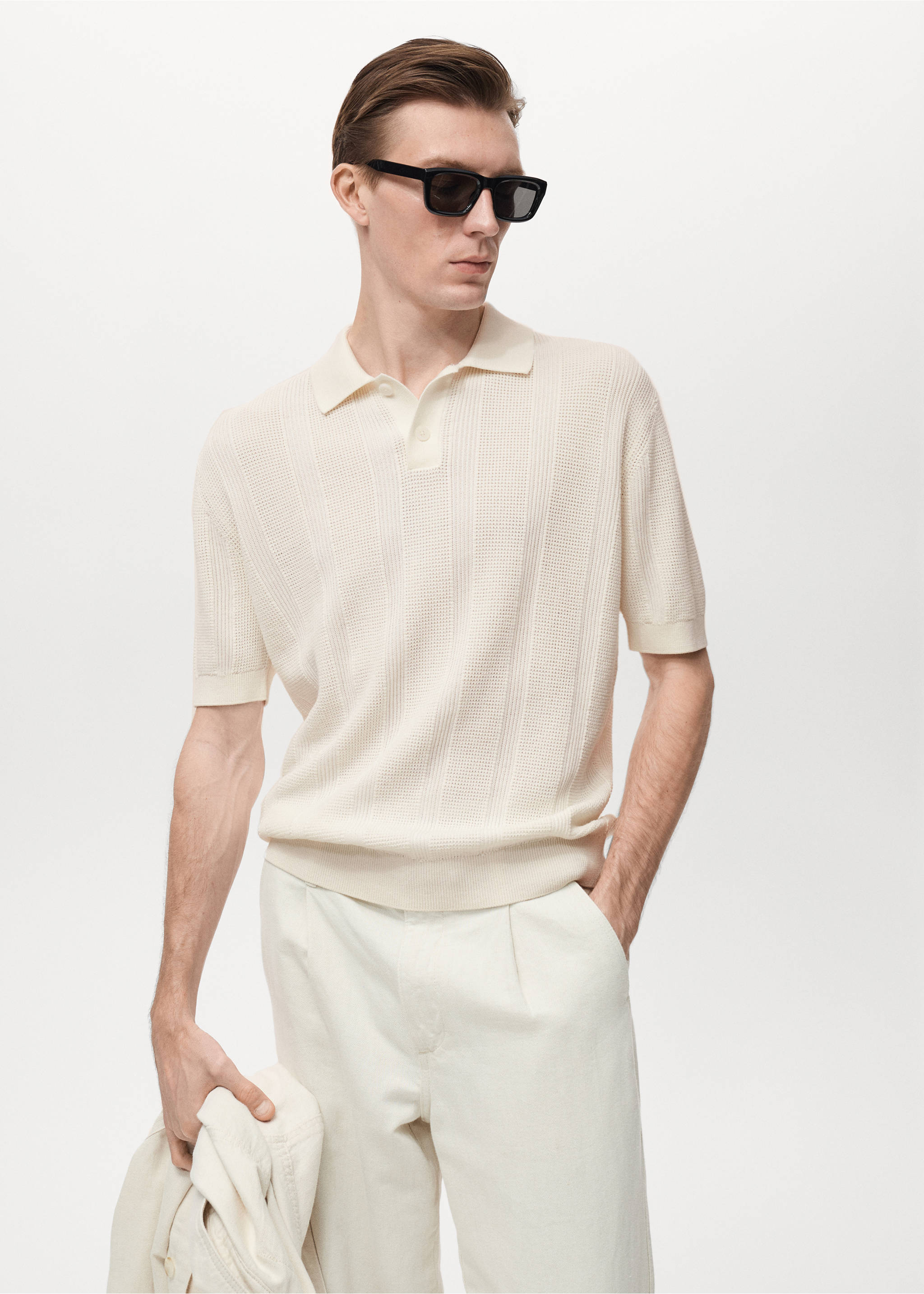 Striped knitted polo shirt with lace accents - Medium plane, Ecru. Ref: 87037900-01.