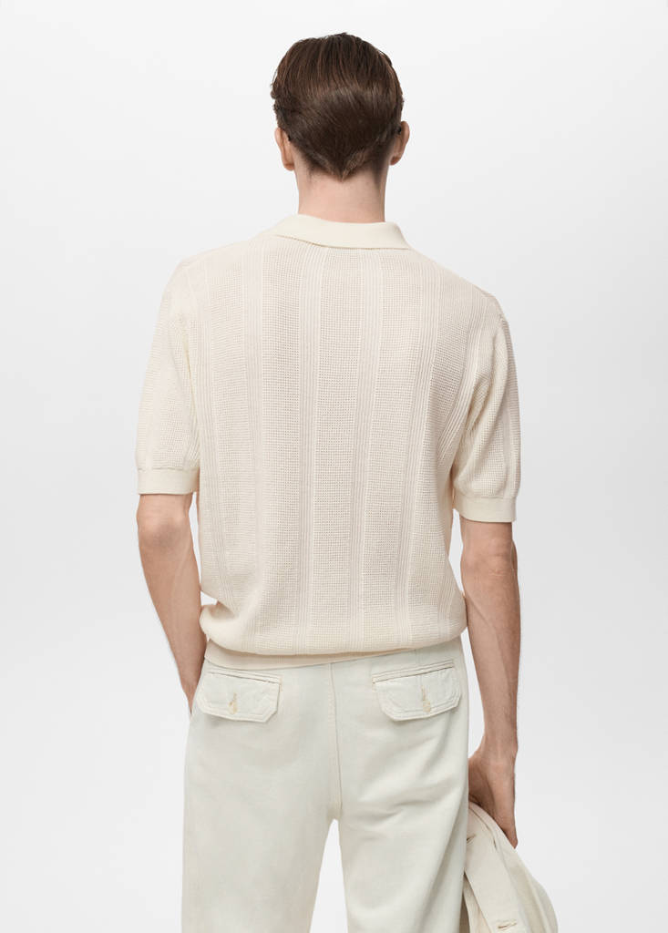Striped openwork knitte polo shirt — Ecru