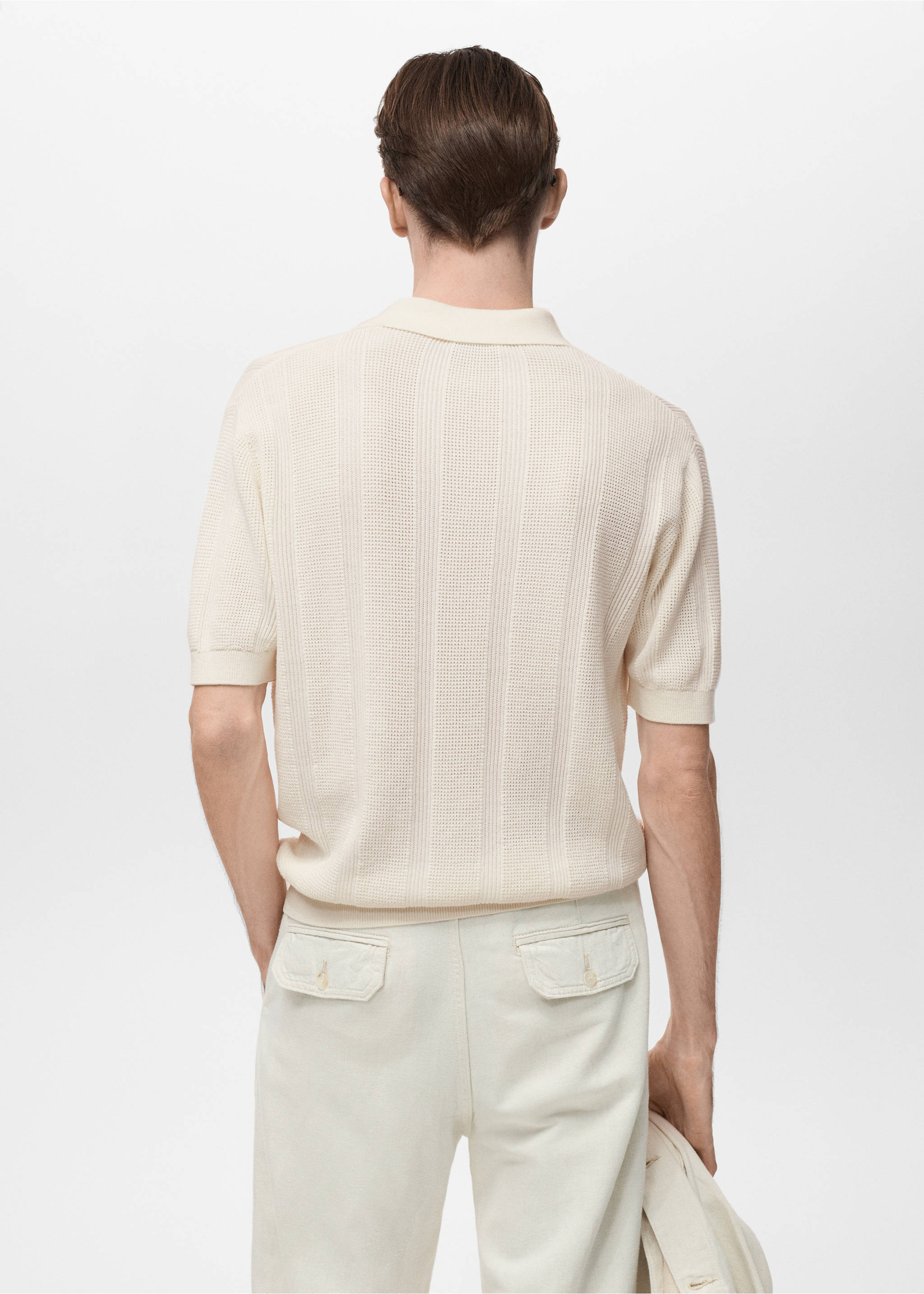 Striped knitted polo shirt with lace accents - Reverse of the article, Ecru. Ref: 87037900-01.