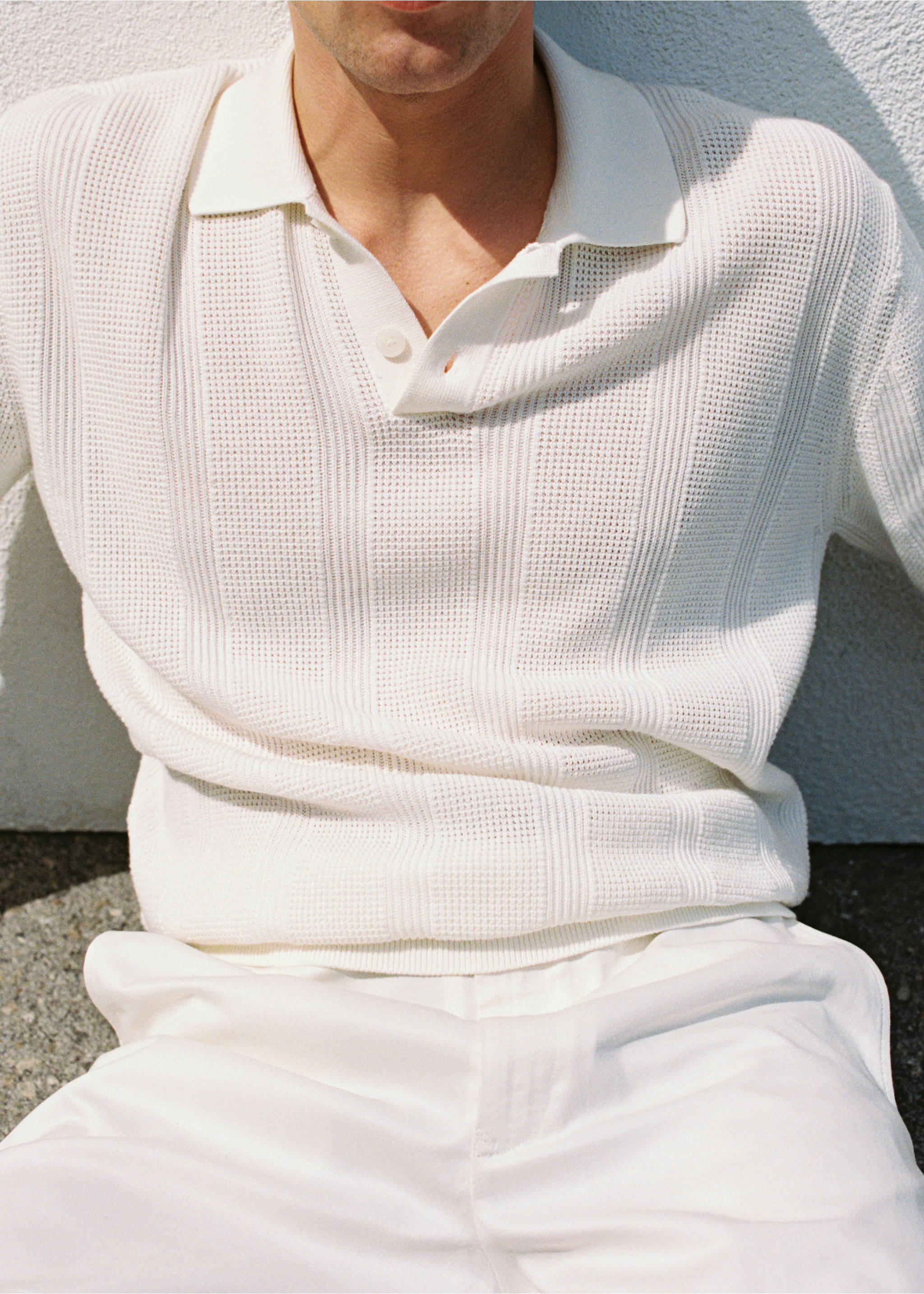 Striped knitted polo shirt with lace accents - Details of the article 3, Ecru. Ref: 87037900-01.