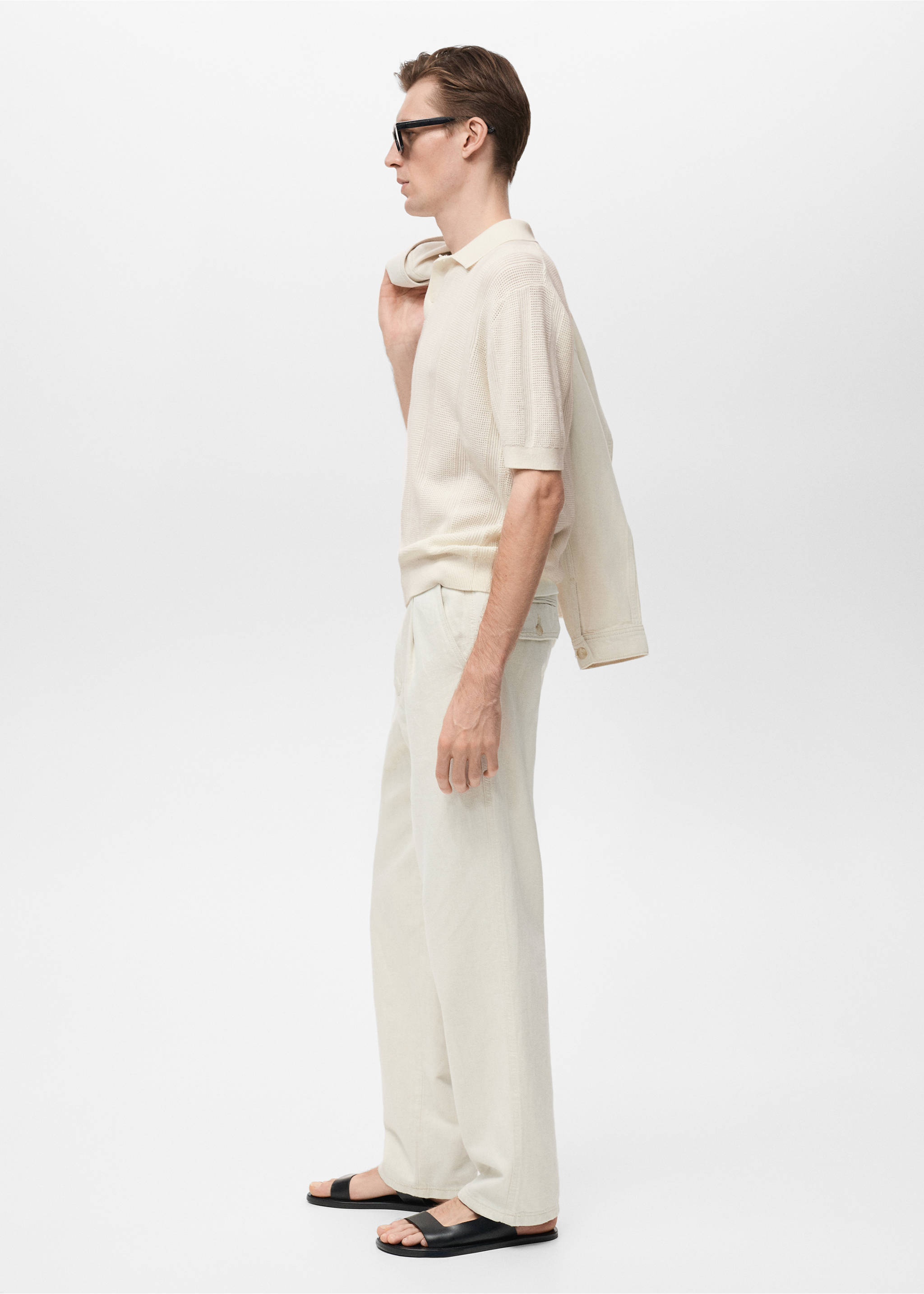 Striped knitted polo shirt with lace accents - Details of the article 2, Ecru. Ref: 87037900-01.