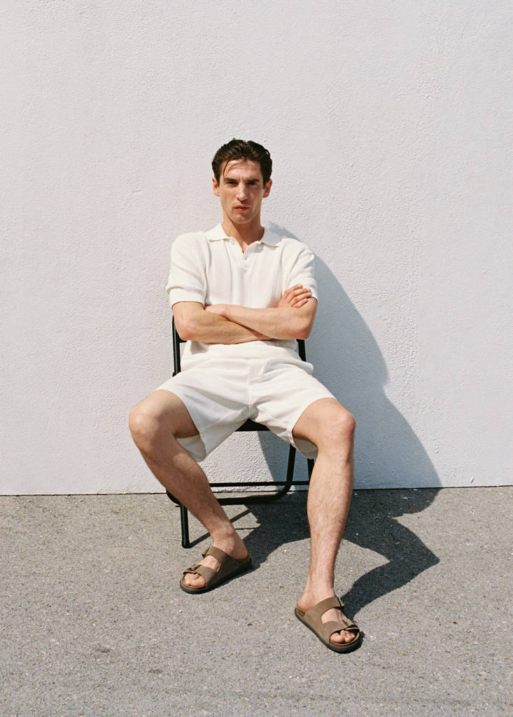 Striped openwork knitte polo shirt — Ecru