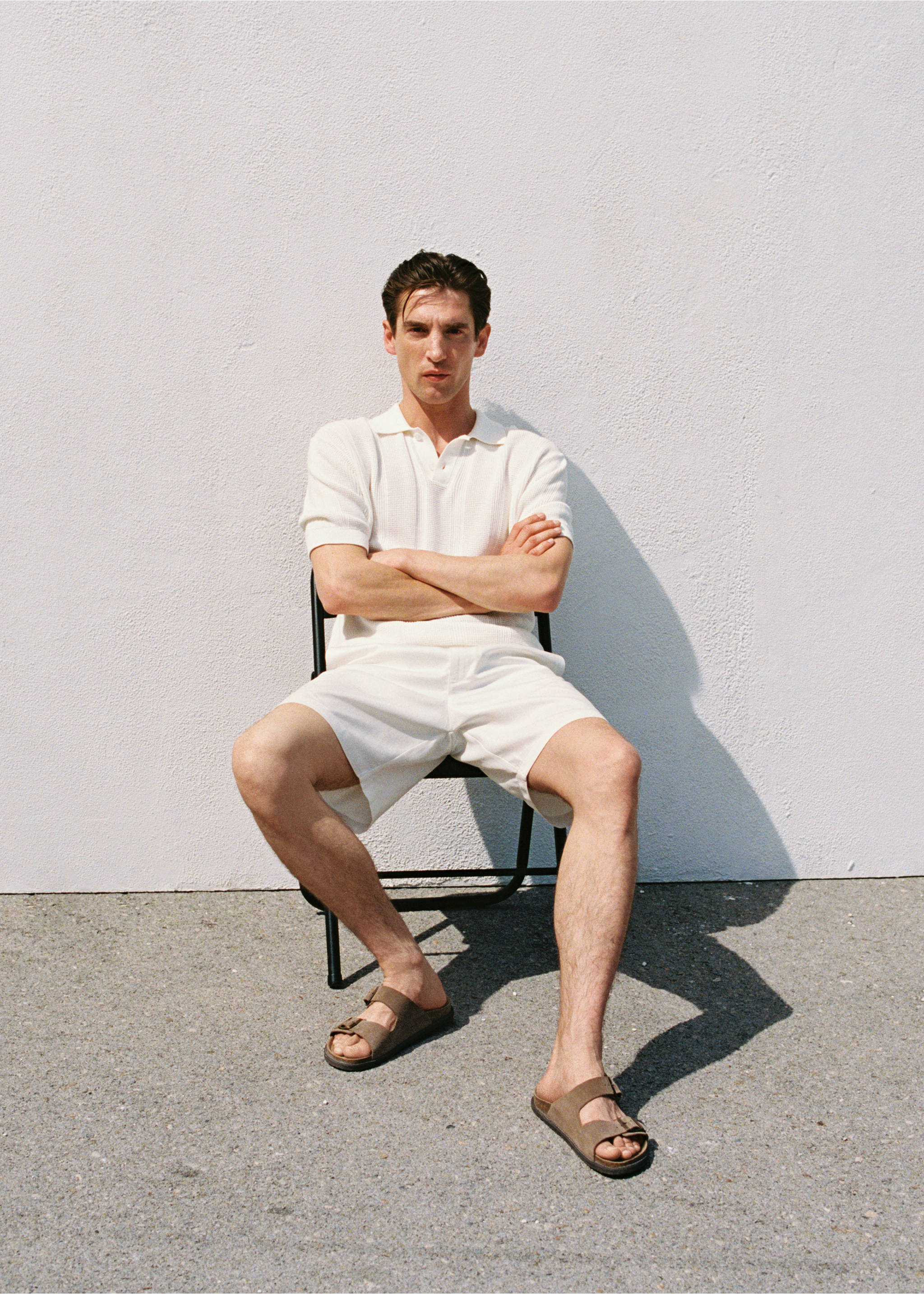 Striped knitted polo shirt with lace accents - Details of the article 5, Ecru. Ref: 87037900-01.