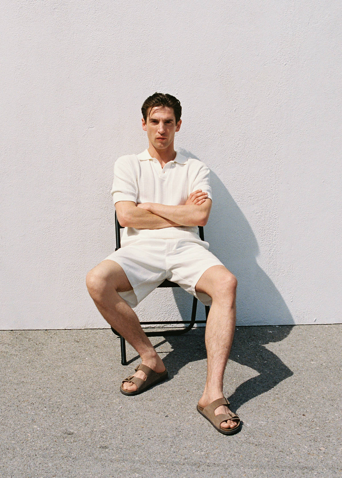 Striped openwork knitte polo shirt — Ecru