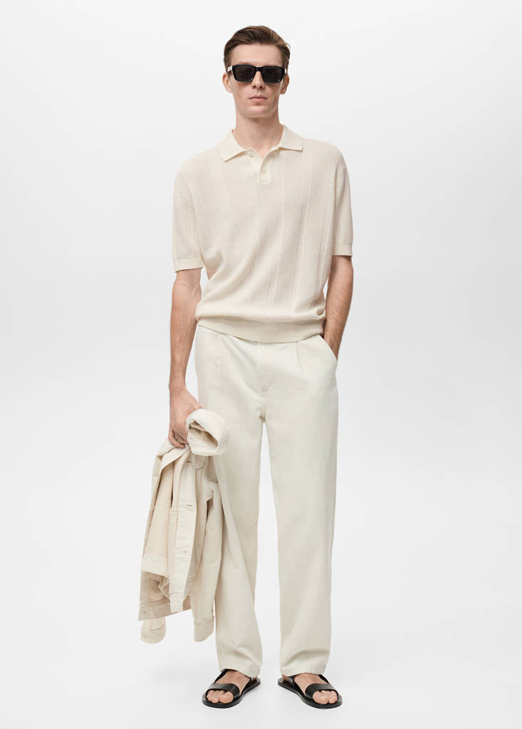 Striped openwork knitte polo shirt — Ecru