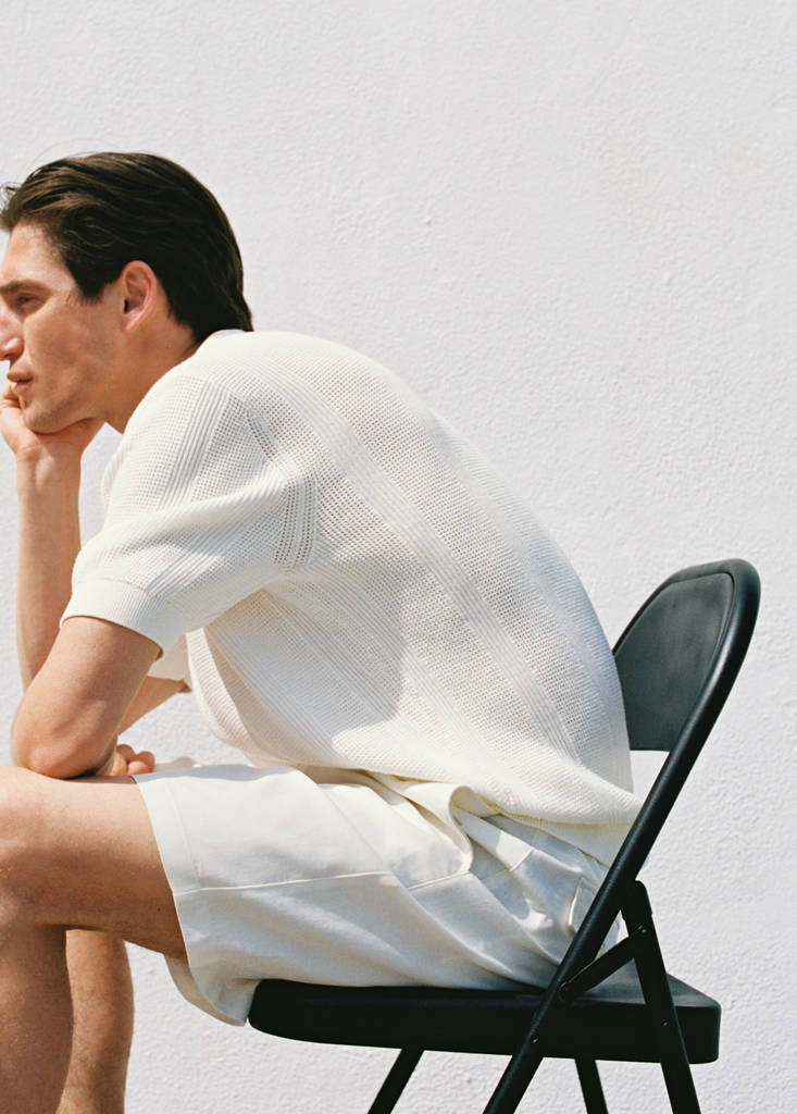 Striped openwork knitte polo shirt — Ecru