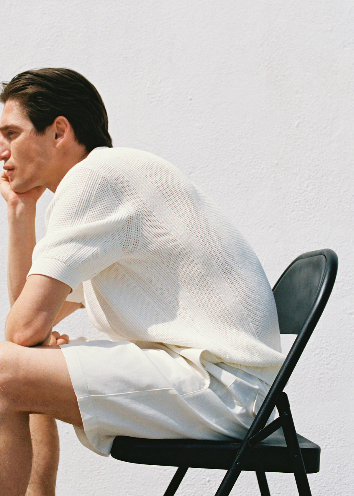 Striped openwork knitte polo shirt — Ecru