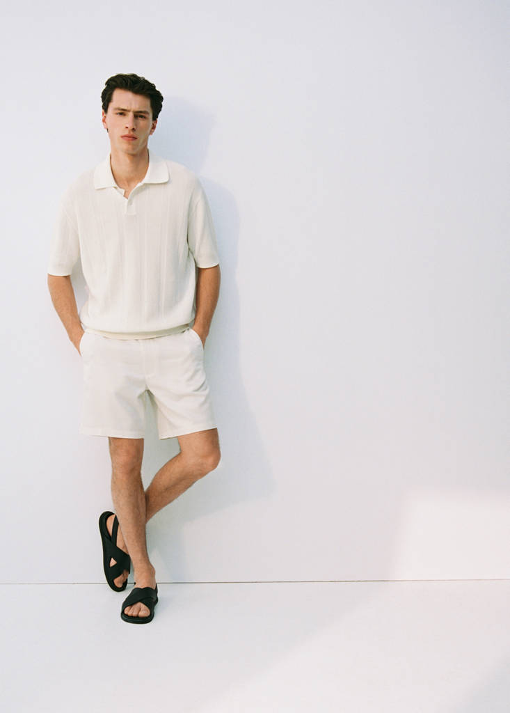 Striped openwork knitte polo shirt — Ecru
