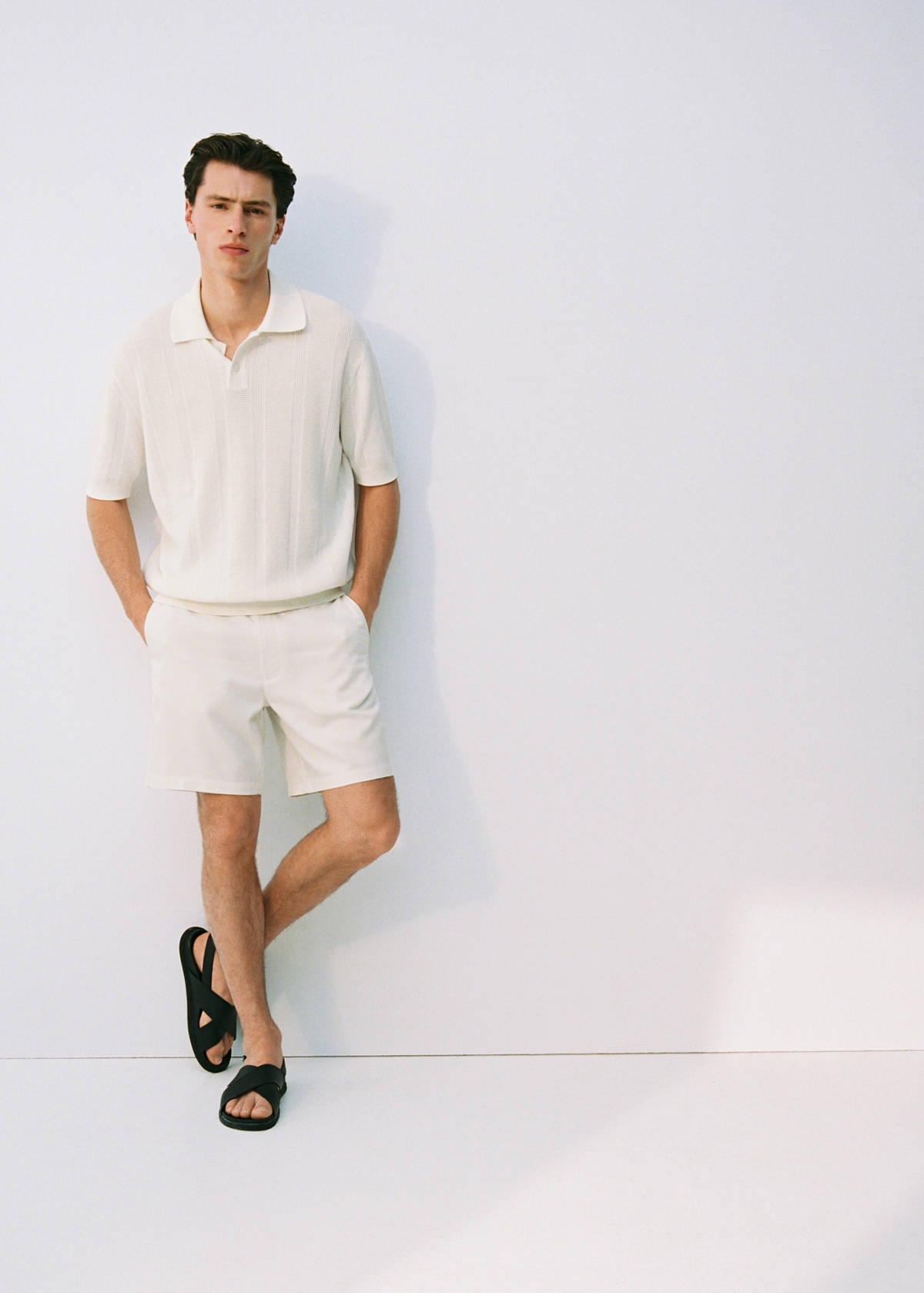 Striped openwork knitte polo shirt — Ecru