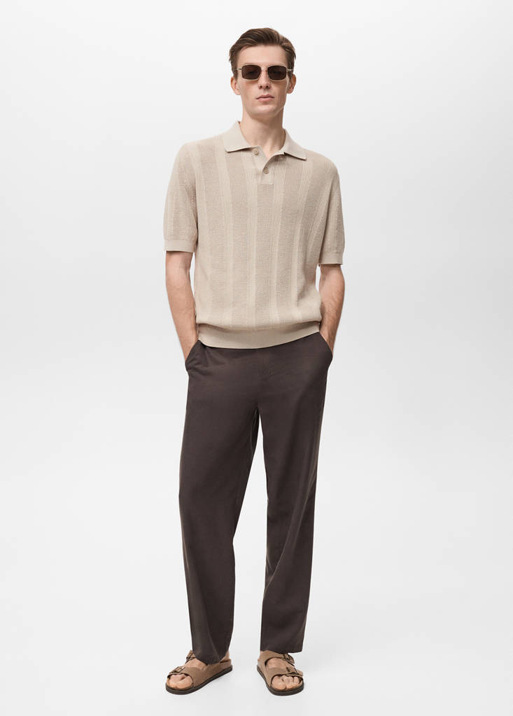 Striped openwork knitte polo shirt — Sand