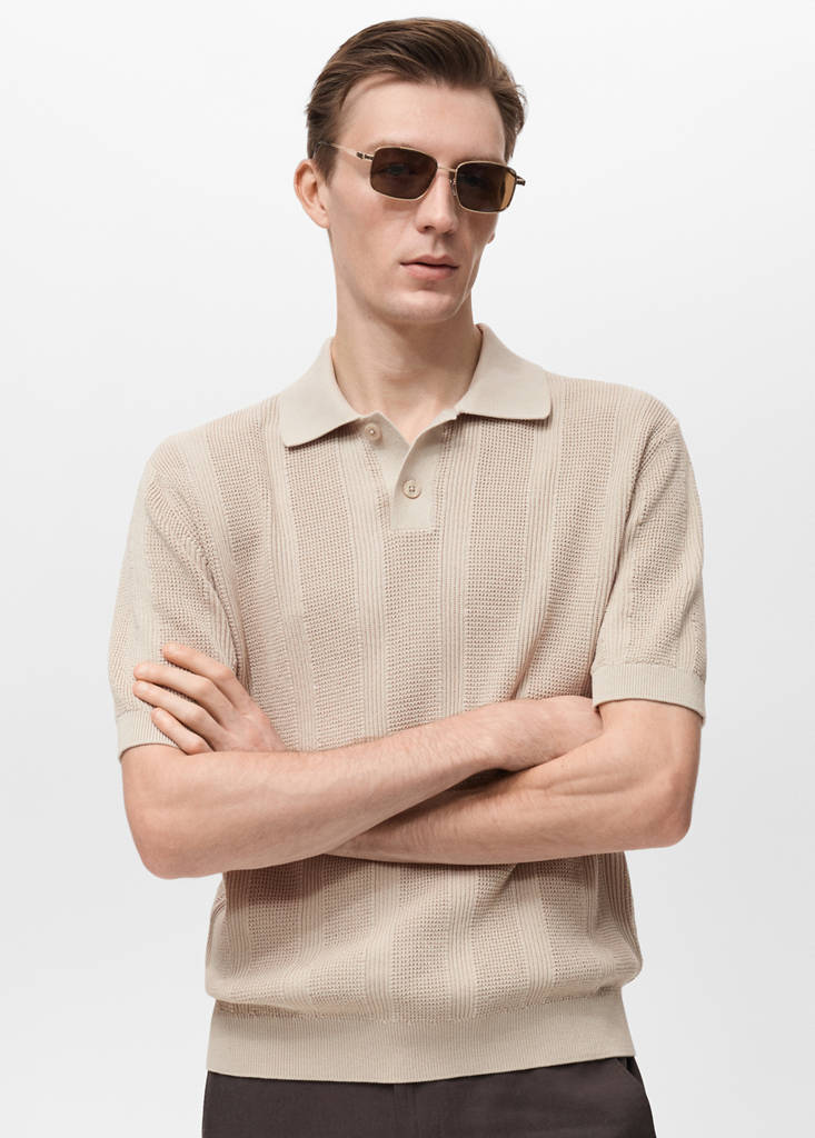 Striped openwork knitte polo shirt — Sand