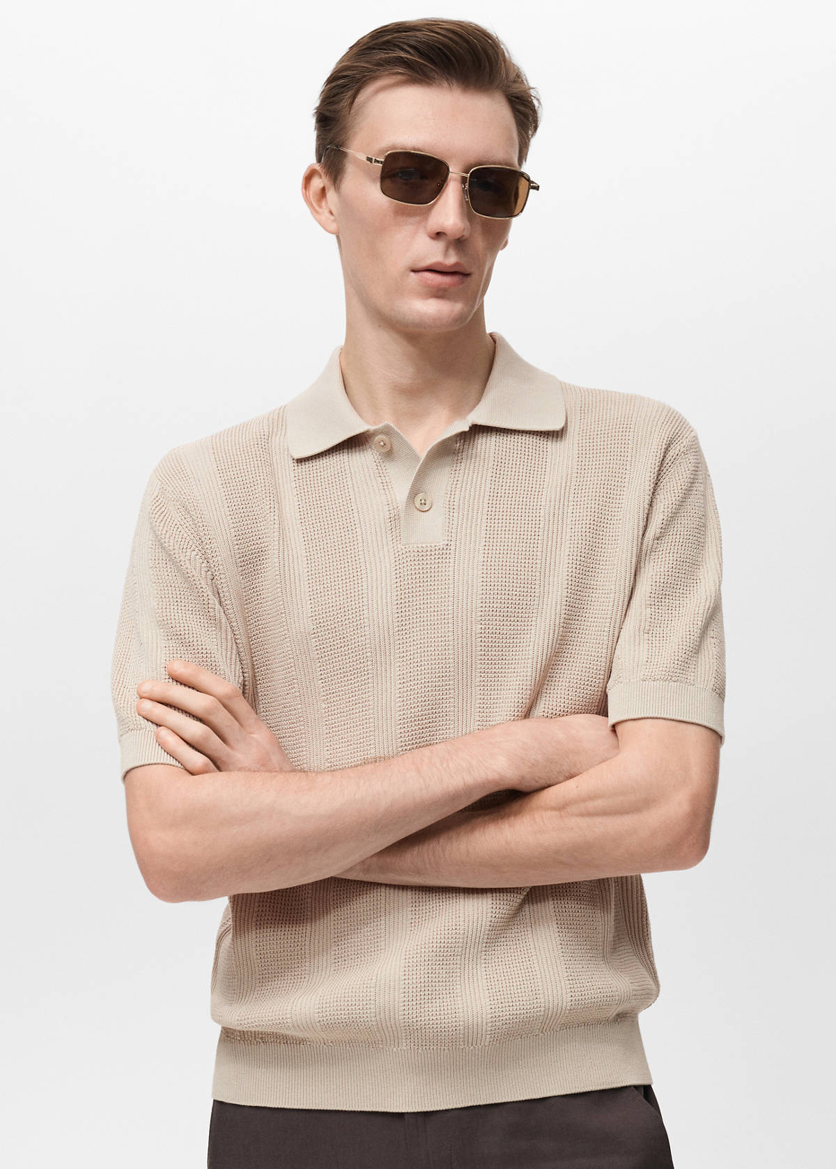 Striped openwork knitte polo shirt — Sand
