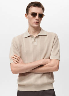 Striped openwork knitte polo shirt — Sand 1