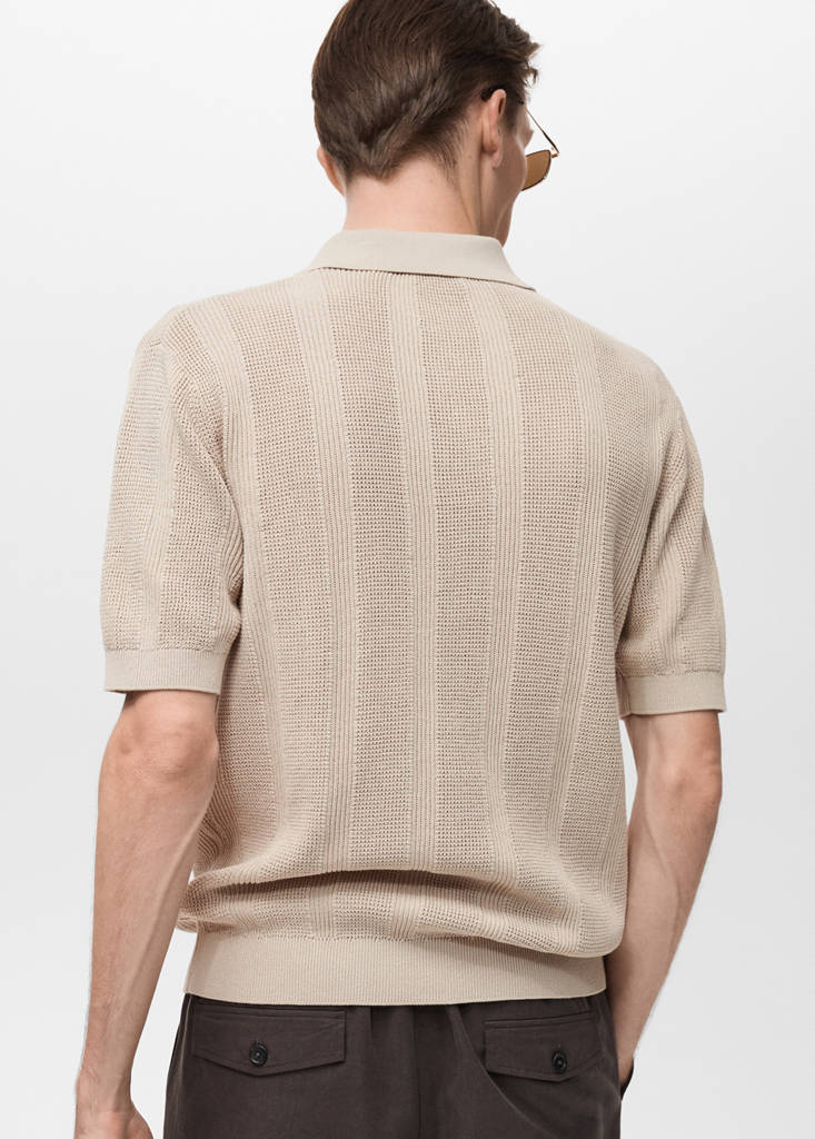 Striped openwork knitte polo shirt — Sand
