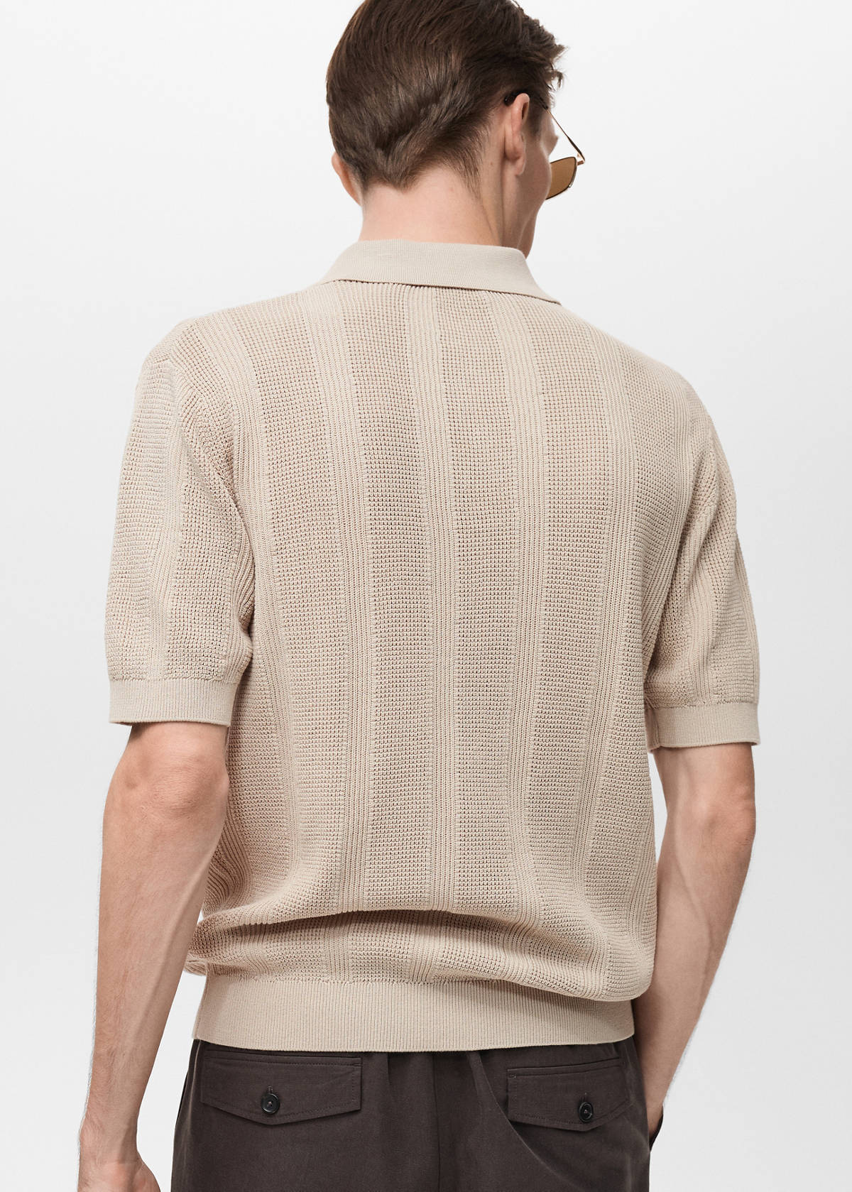 Striped openwork knitte polo shirt — Sand