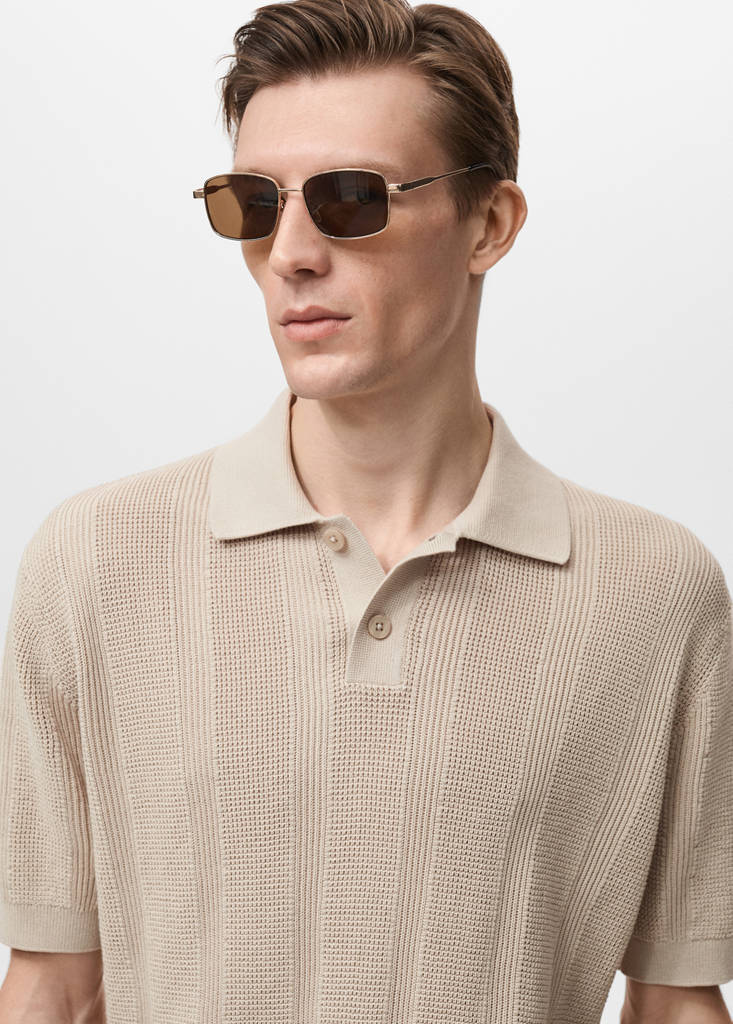 Striped openwork knitte polo shirt — Sand
