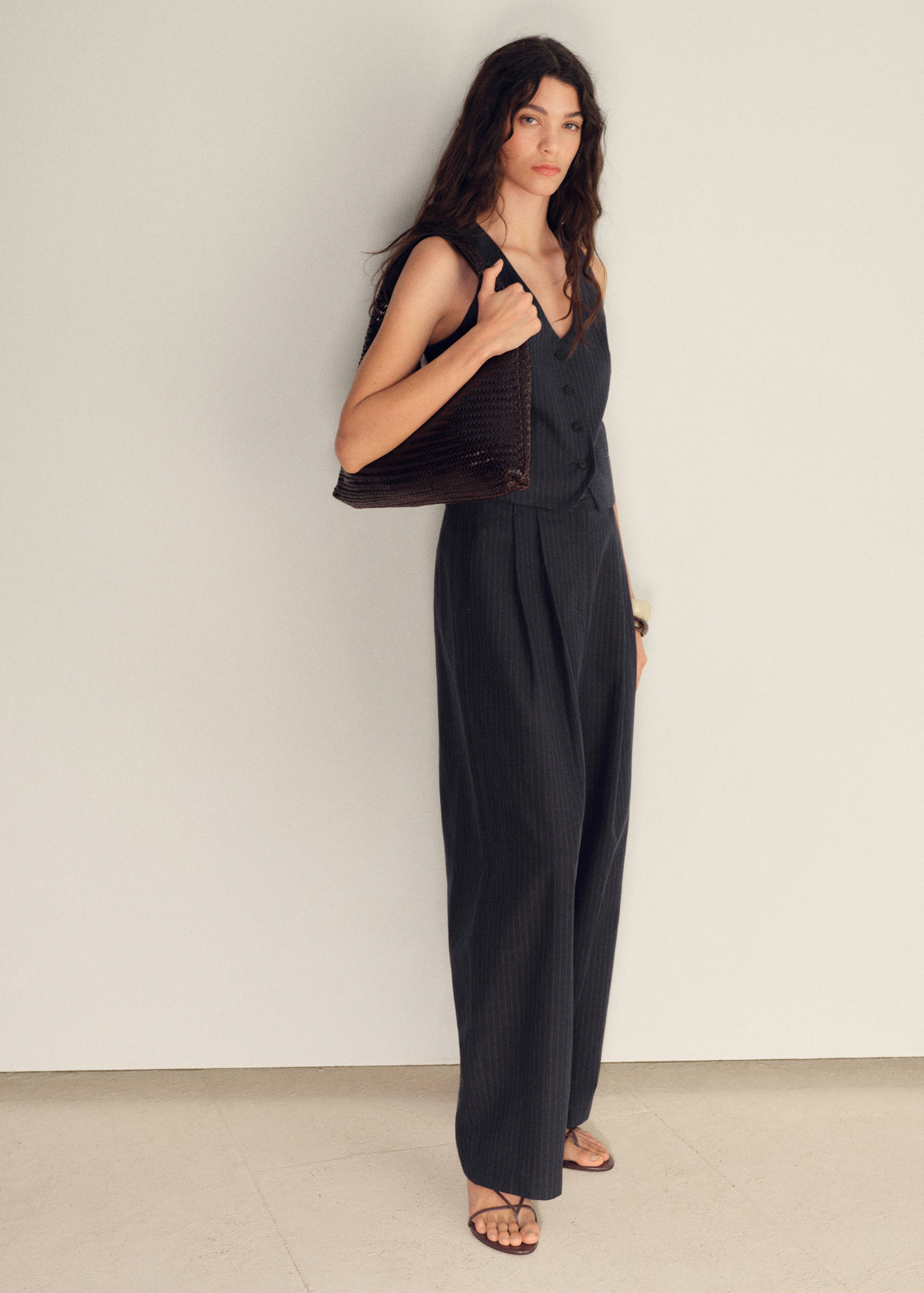 Calças de fato retas com mistura de linho - Plano geral