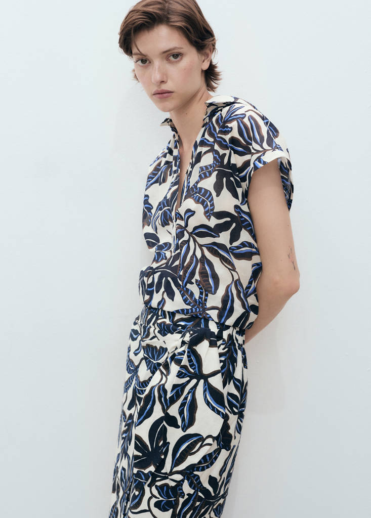 Printed cotton shirt with short sleeves — Ecru