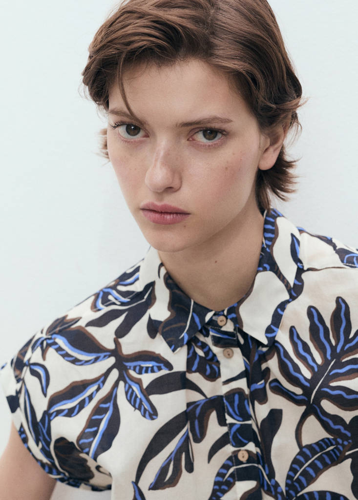 Printed cotton shirt with short sleeves — Ecru